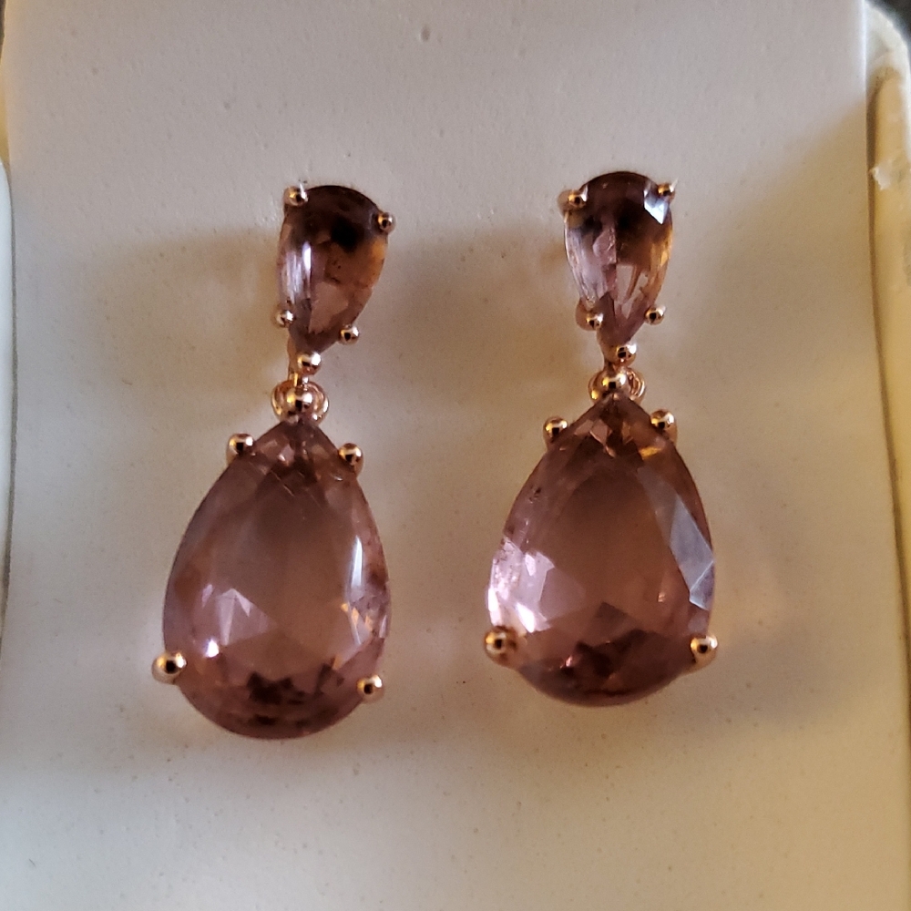 ROSE GOLD OVER 925 STERLING SILVER MAUVE MORGANITE Pink Drop PIERCED Earrings